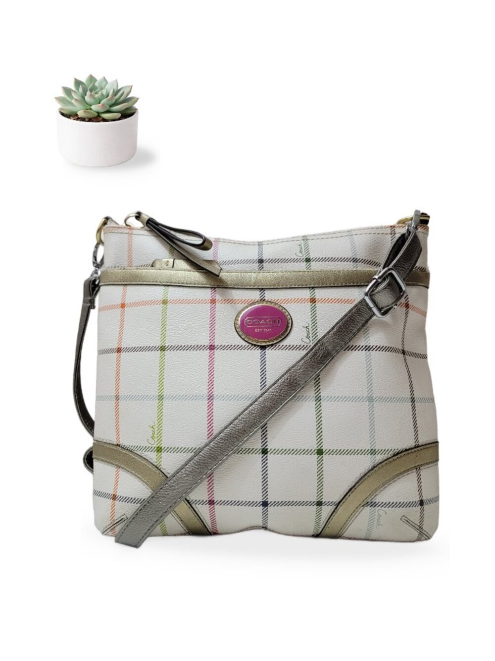 Coach Peyton Tattersall Tartan Plaid Handbag Crossbody File Bag White Multi